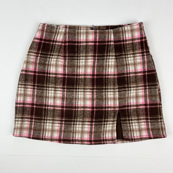 Forever 21 Women's Brown Pink Plaid Fully Lined Flannel Mini Skirt Size Small - Picture 4 of 13